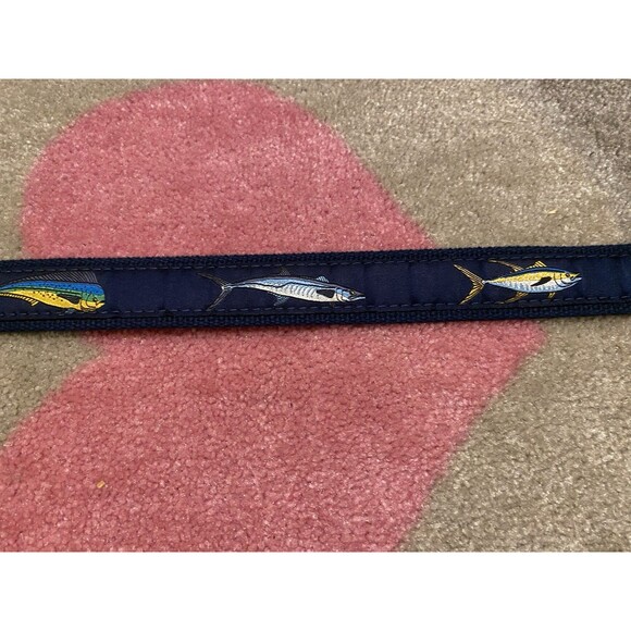 Zep-Pro Belt Mens 32 Boys Canvas Leather Brass Blue Game Fish Fishing USA Made - Picture 11 of 16